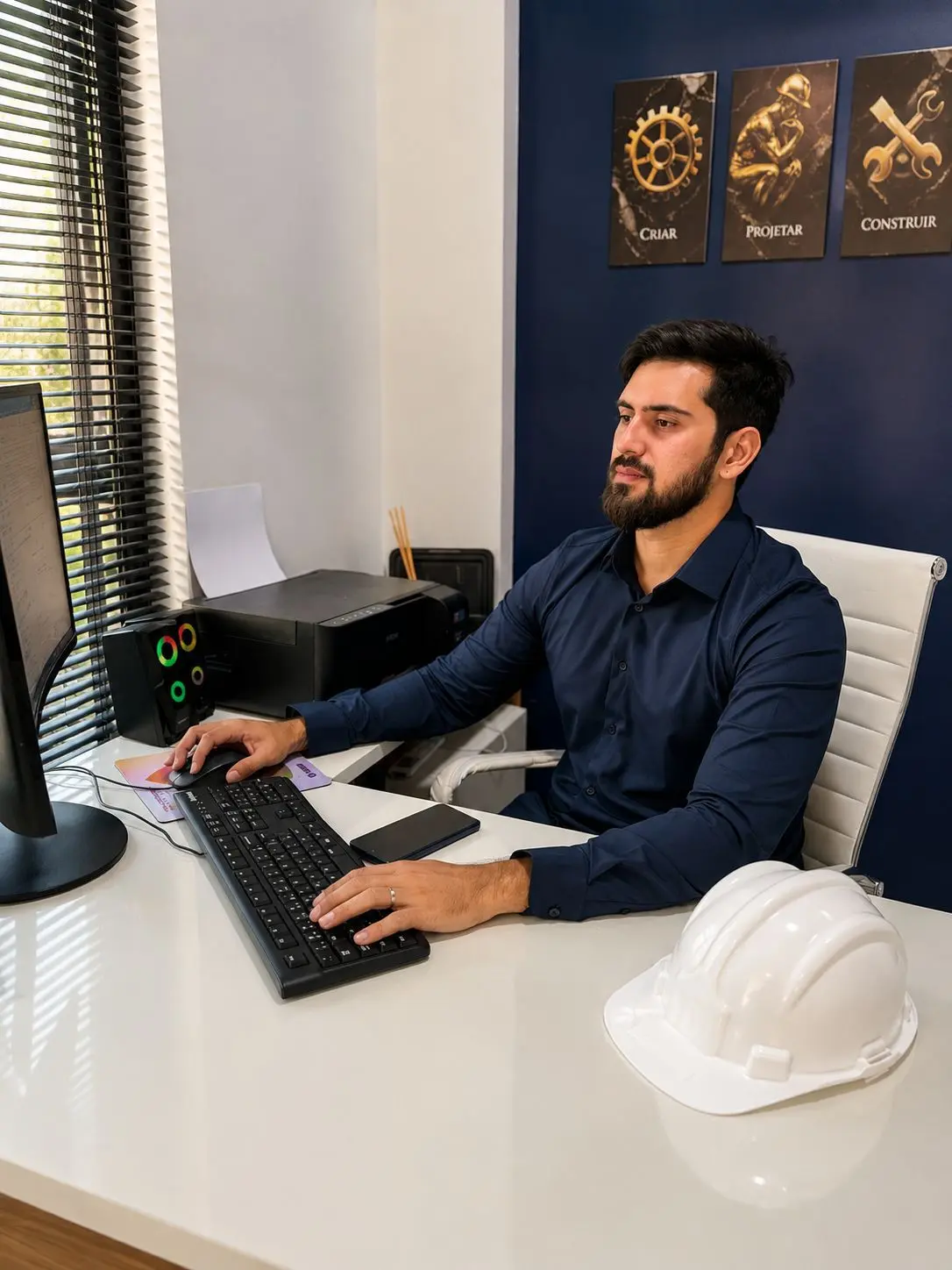 Engenheiro Civil Rafael Arruda em seu ambiente de trabalho
