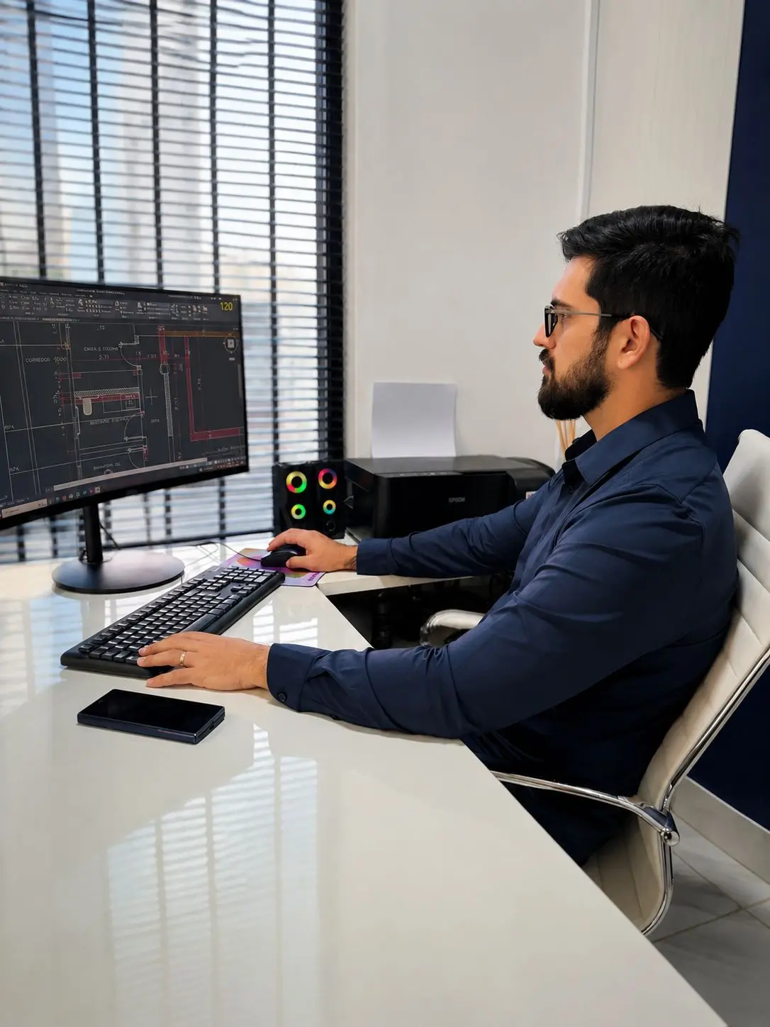 Engenheiro analisando documentação técnica em escritório
