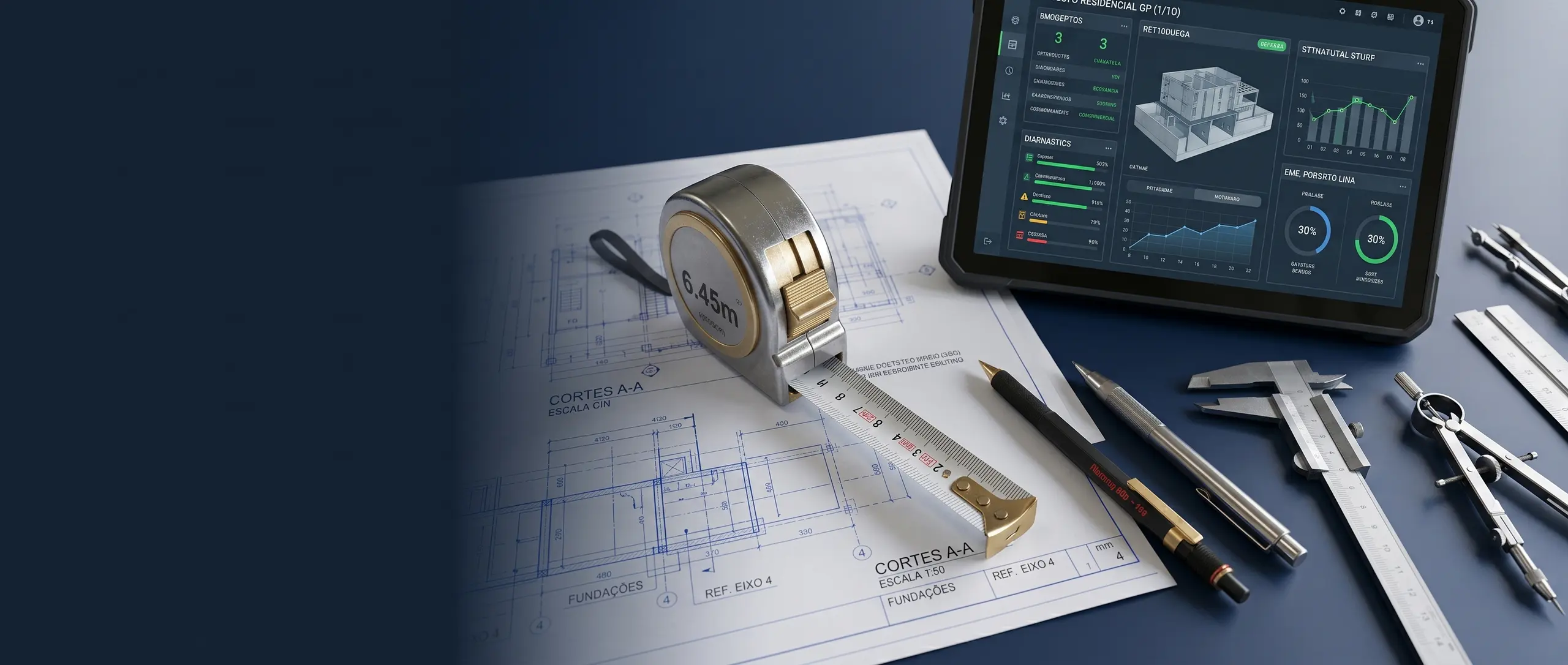 Instrumentos de medição, projeto técnico e painel digital de engenharia